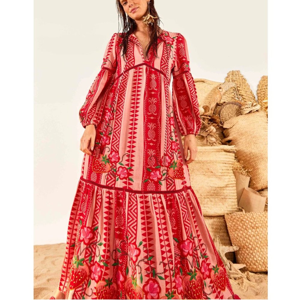 Farm Rio Pineapple Jacquard Split-Neck Maxi Dress - Picture 3 of 16